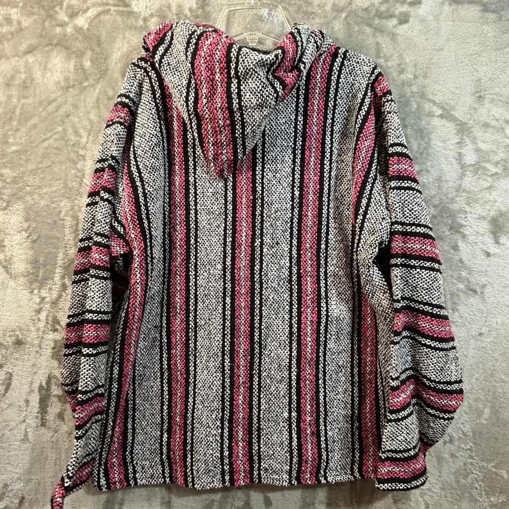 Iguana Jack Baja Hoodie Pink Black White Striped Mexican Blanket Pullover Medium - Picture 4 of 7